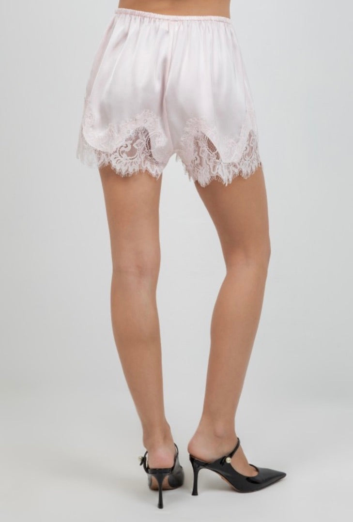 Baby pink satin shorts with lace