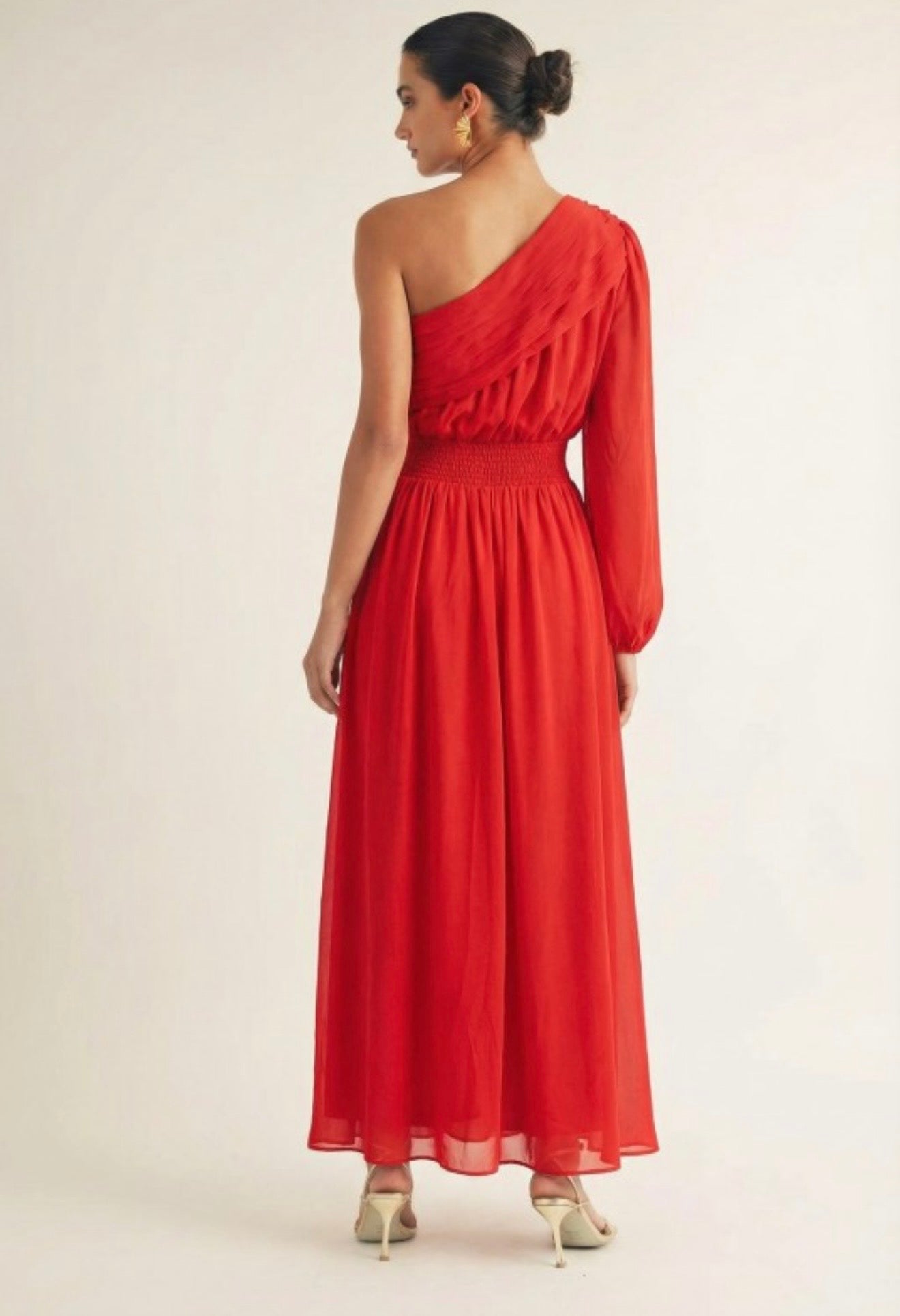 Red one shoulder flower maxi