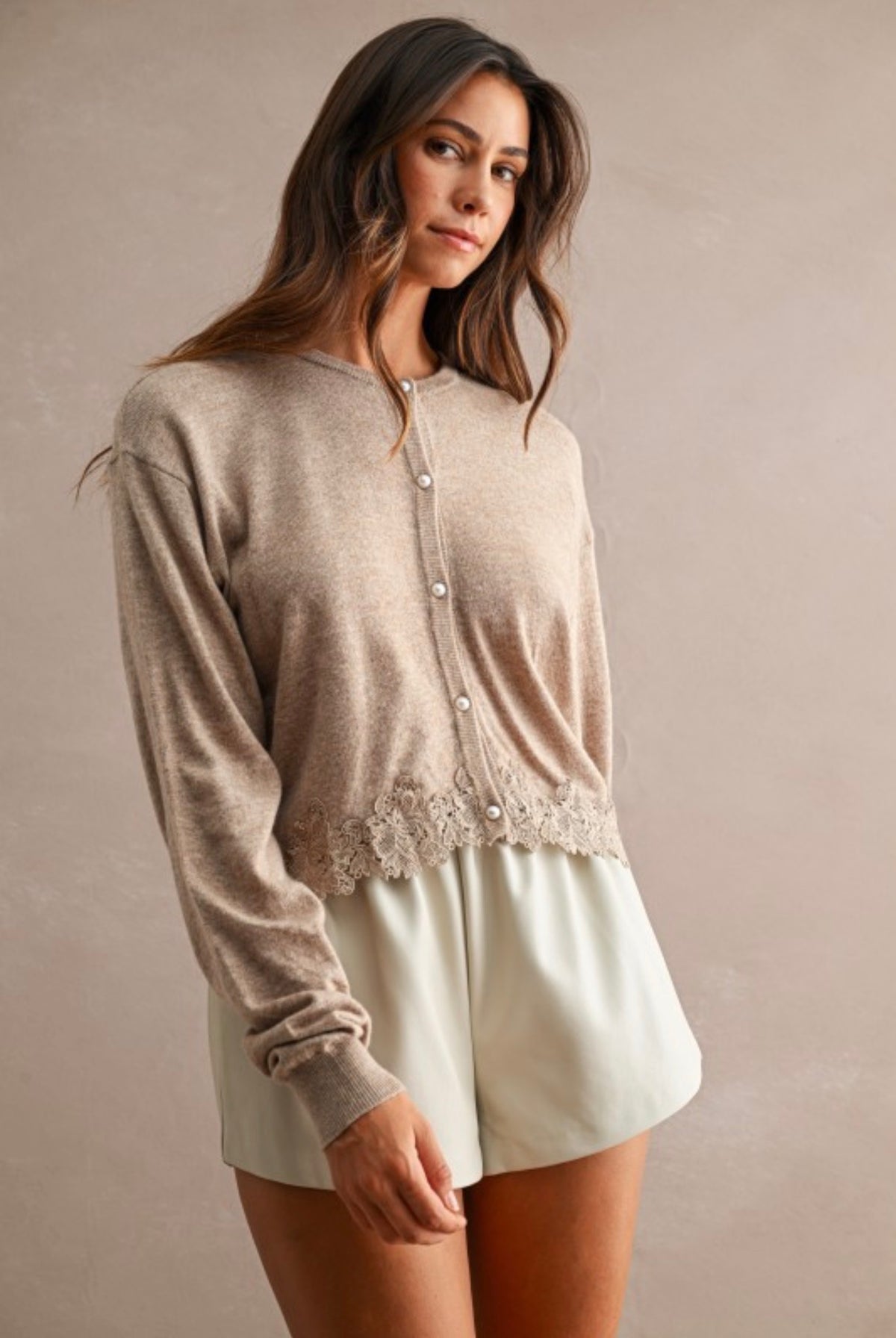 Mocha pearl cardigan with lace trim