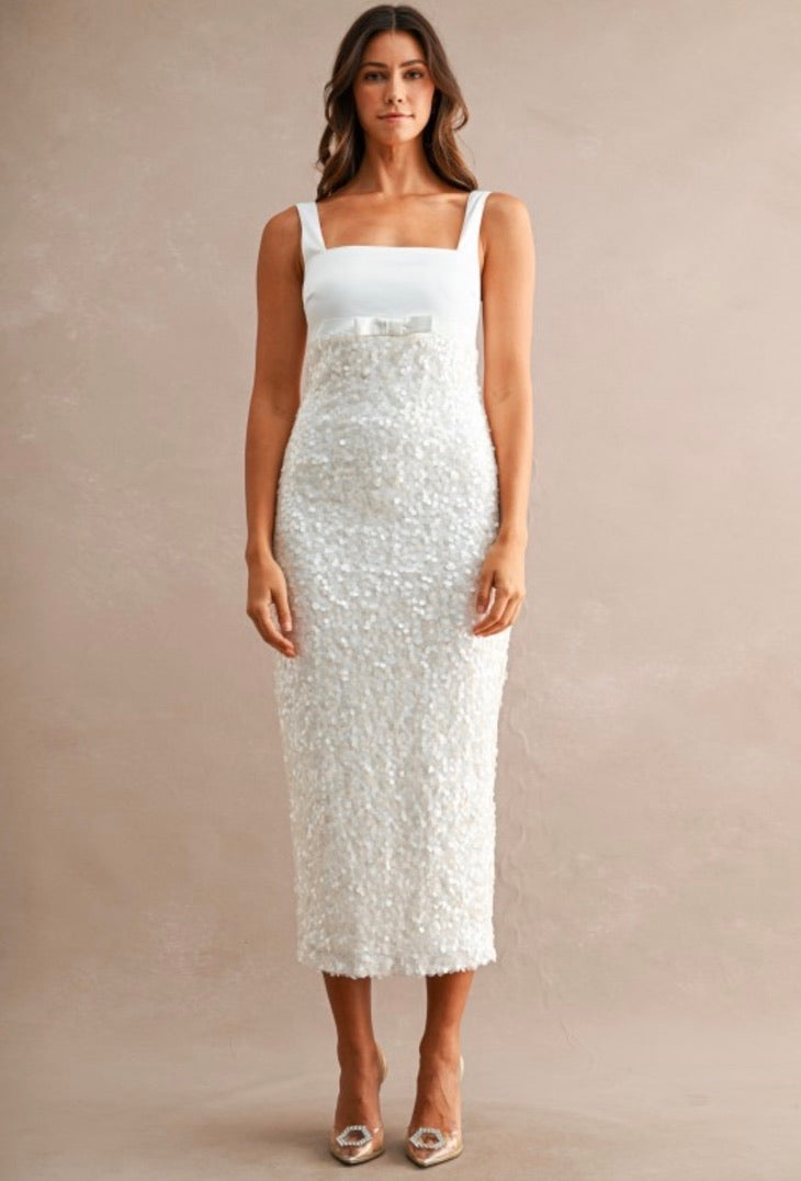 White Bow Sequin Midi Dress