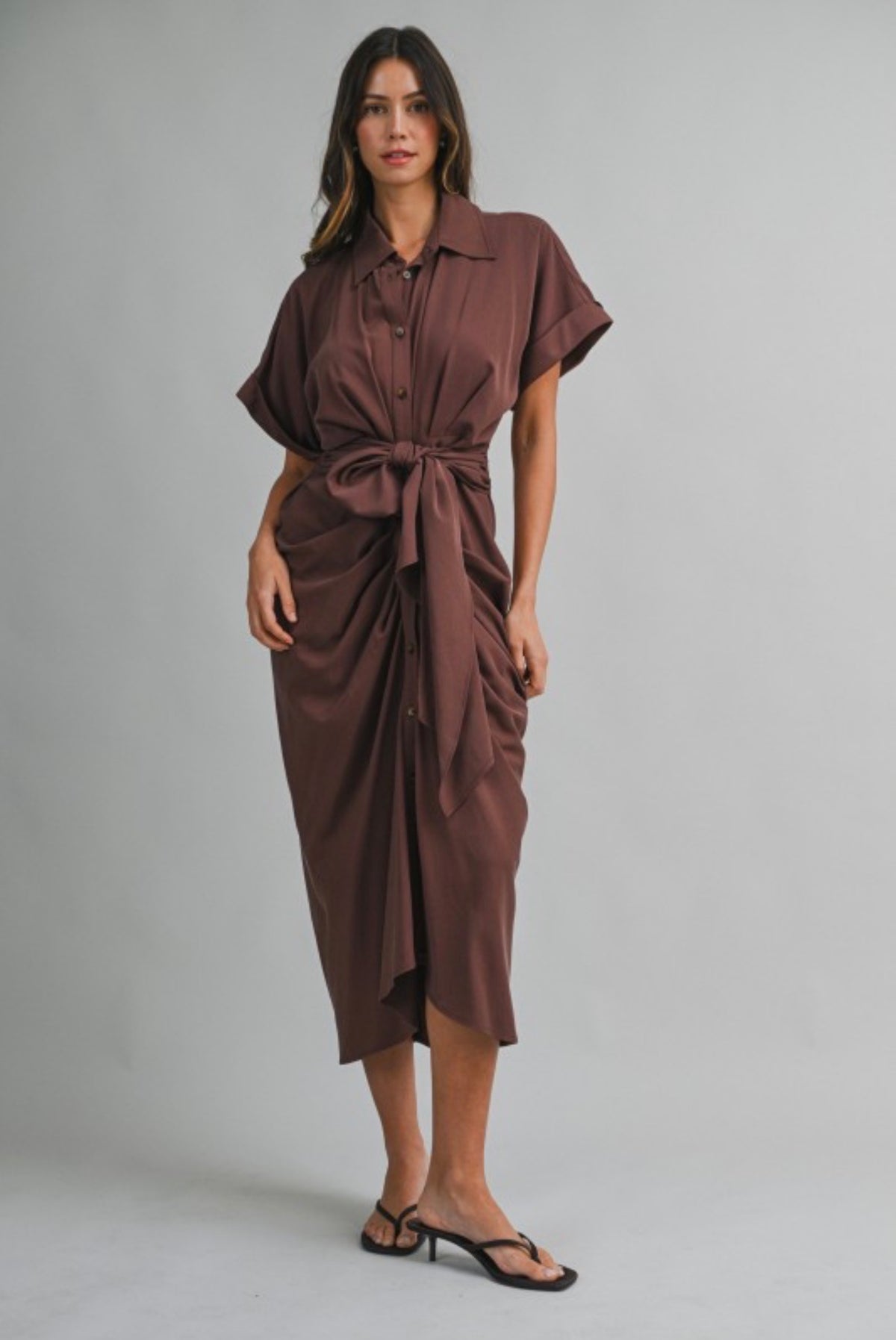 Chocolate brown bow ruched midi