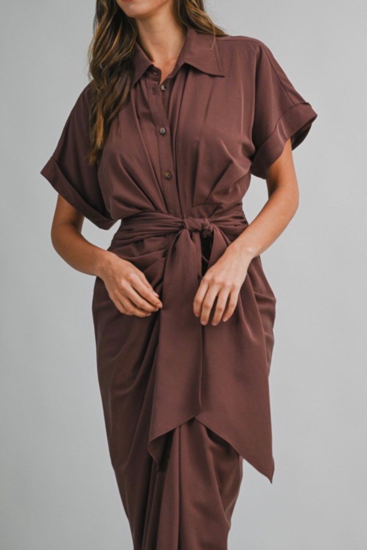 Chocolate brown bow ruched midi