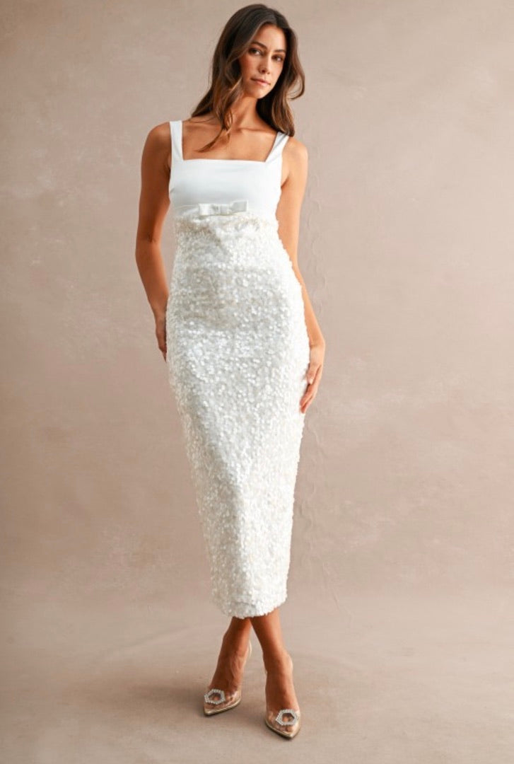White Bow Sequin Midi Dress