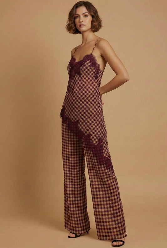 Maroon gingham lace set