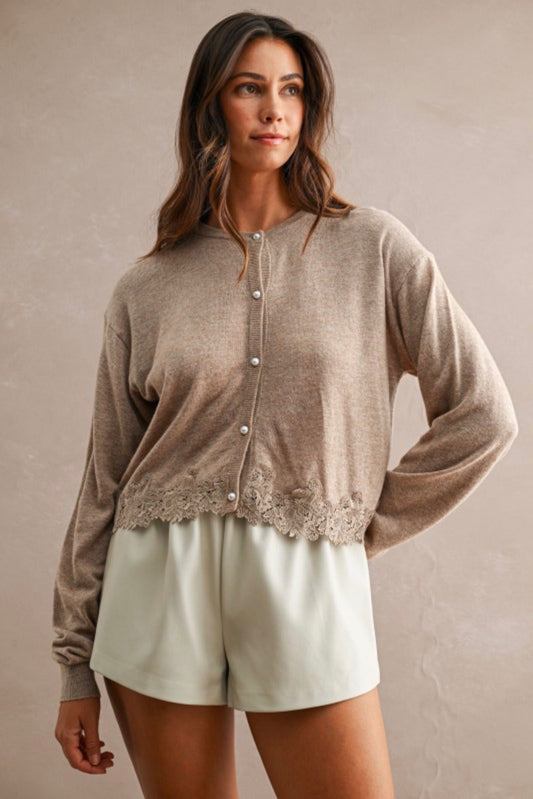 Mocha pearl cardigan with lace trim