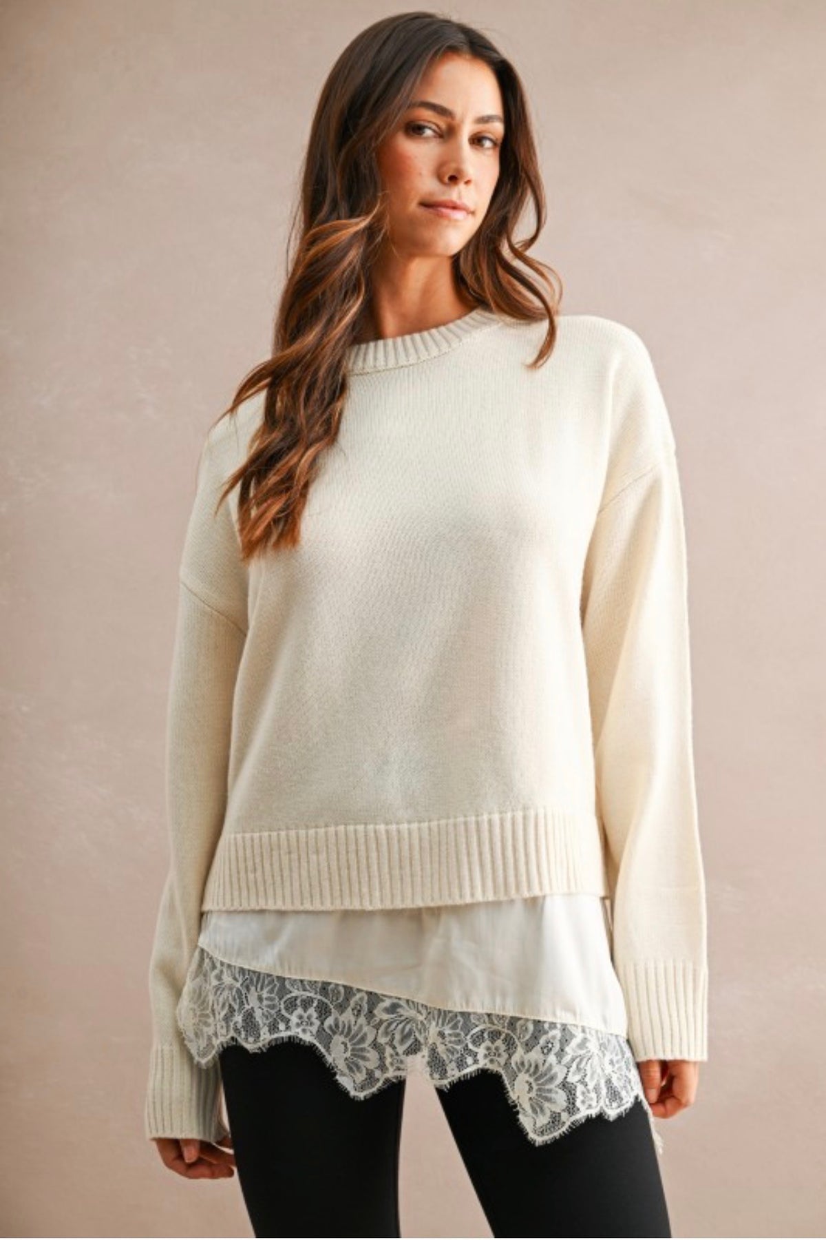 Cream knit sweater with lace layered hem