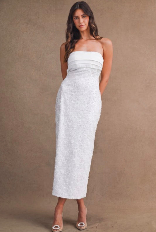 Off White sequin beaded strapless midi