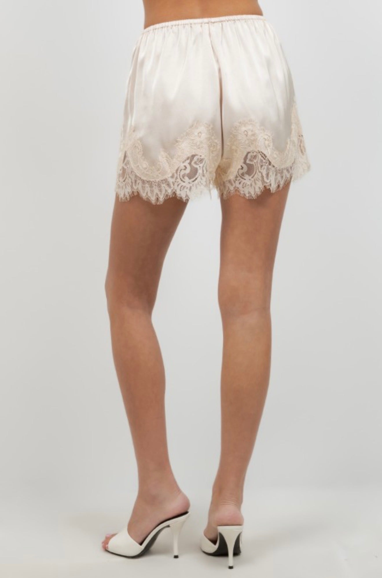 Champagne satin shorts with lace detail