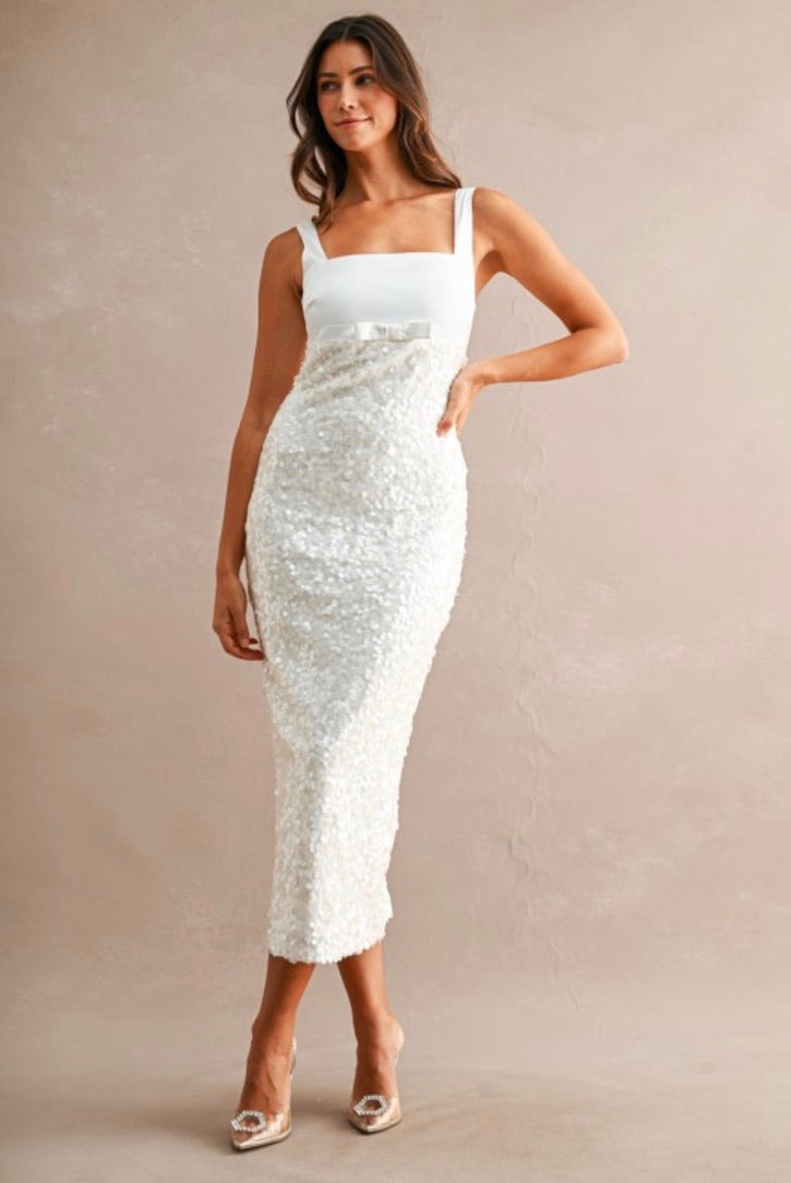 White Bow Sequin Midi Dress