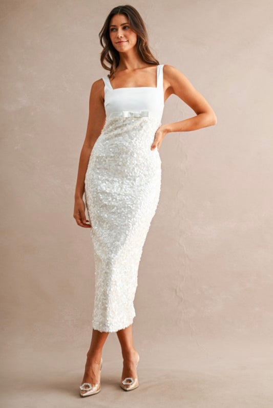 White Bow Sequin Midi Dress