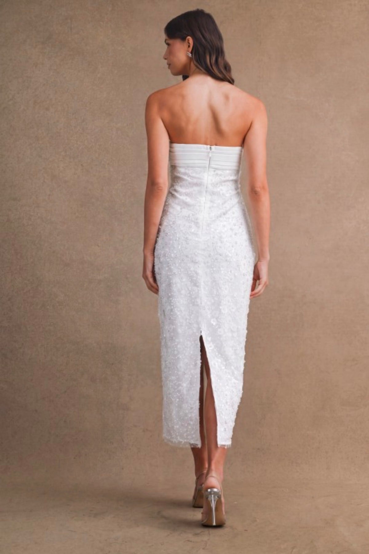 Off White sequin beaded strapless midi