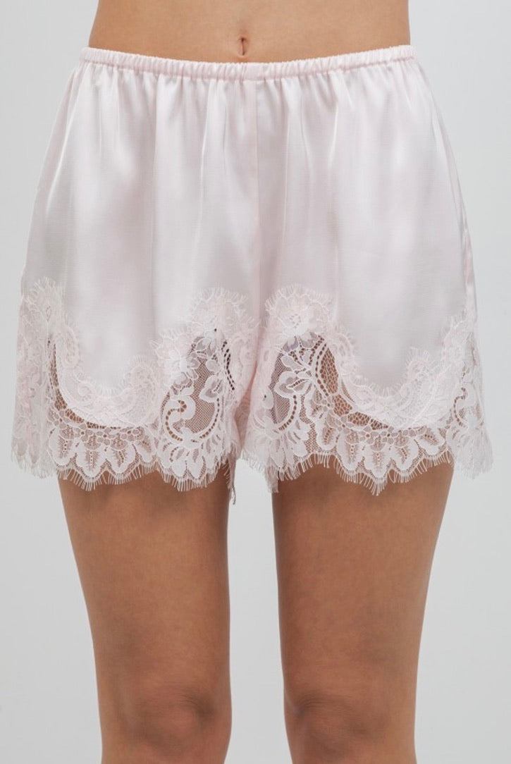 Baby pink satin shorts with lace
