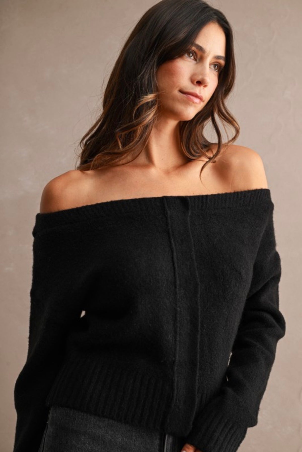 Knit off shoulder black sweater
