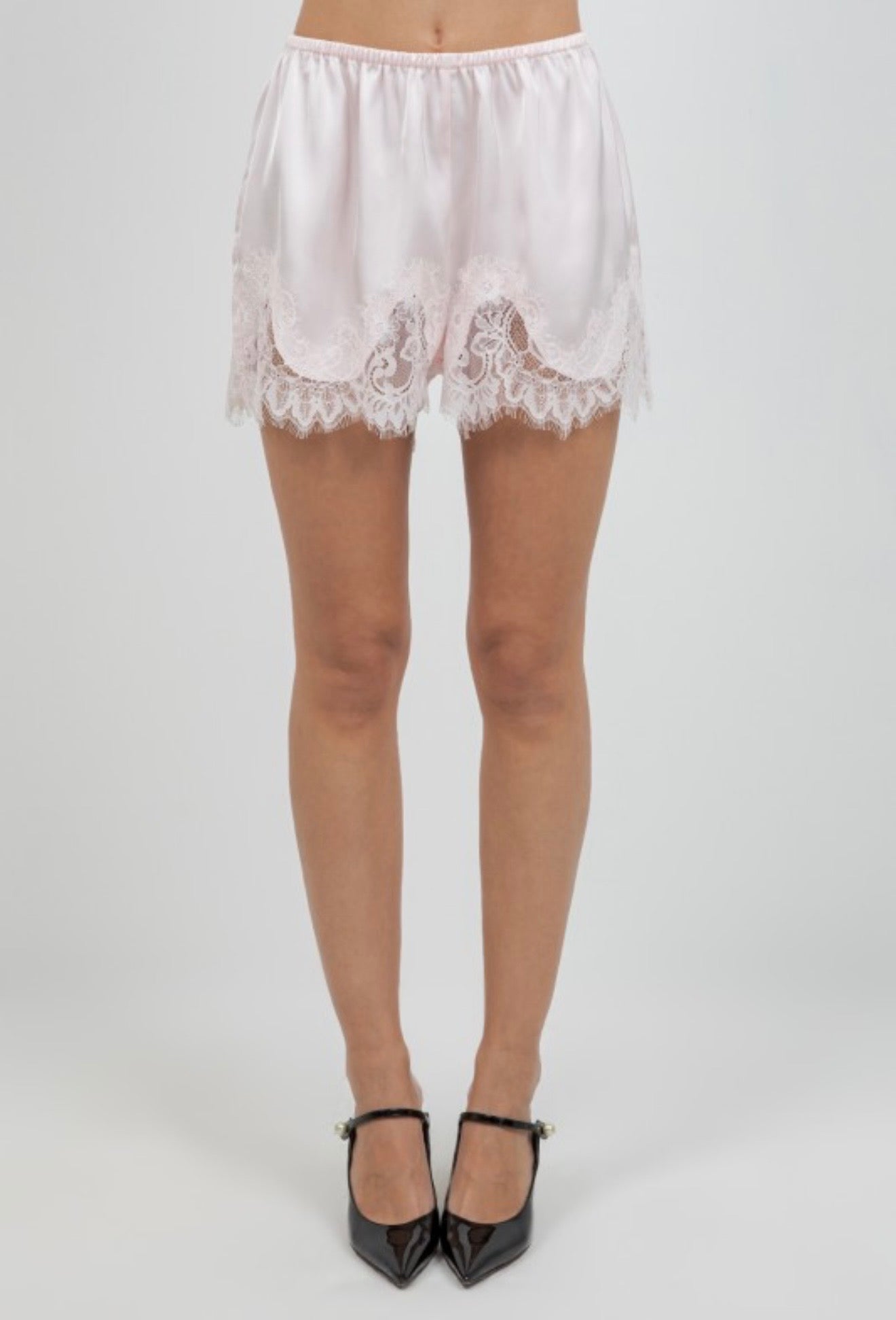 Baby pink satin shorts with lace