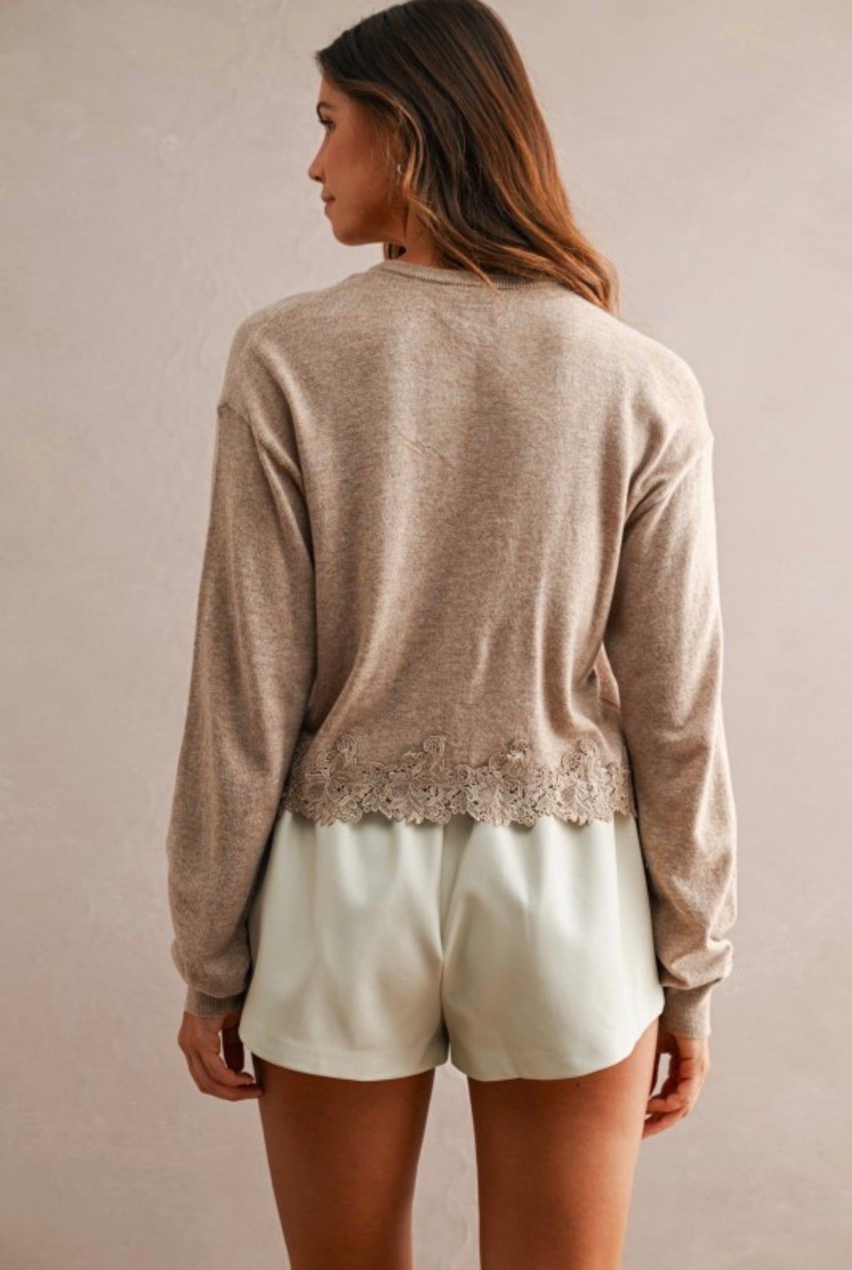 Mocha pearl cardigan with lace trim