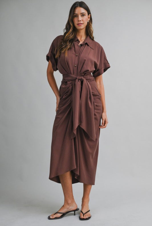 Chocolate brown bow ruched midi
