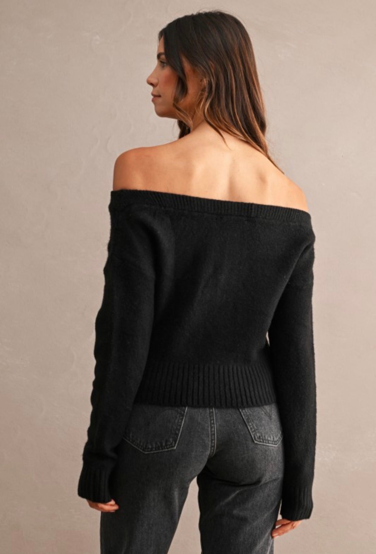Knit off shoulder black sweater