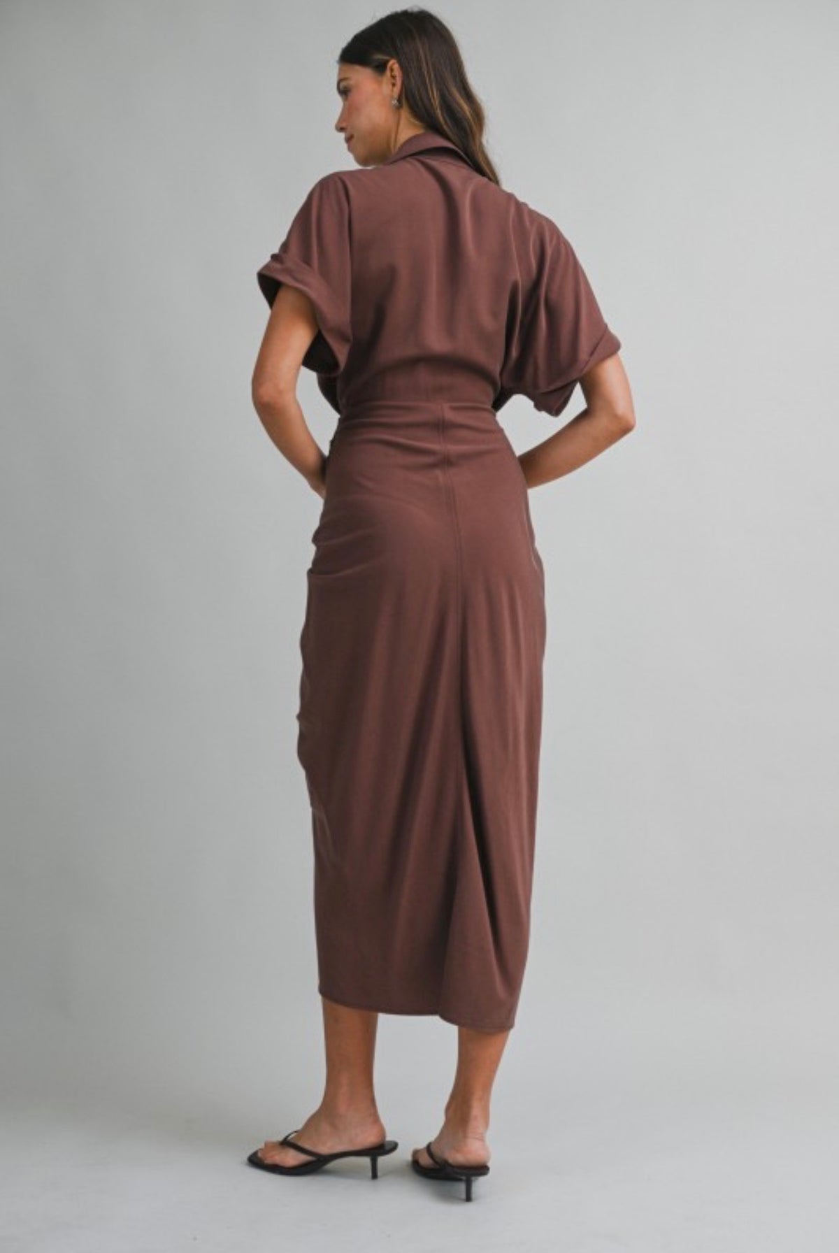 Chocolate brown bow ruched midi