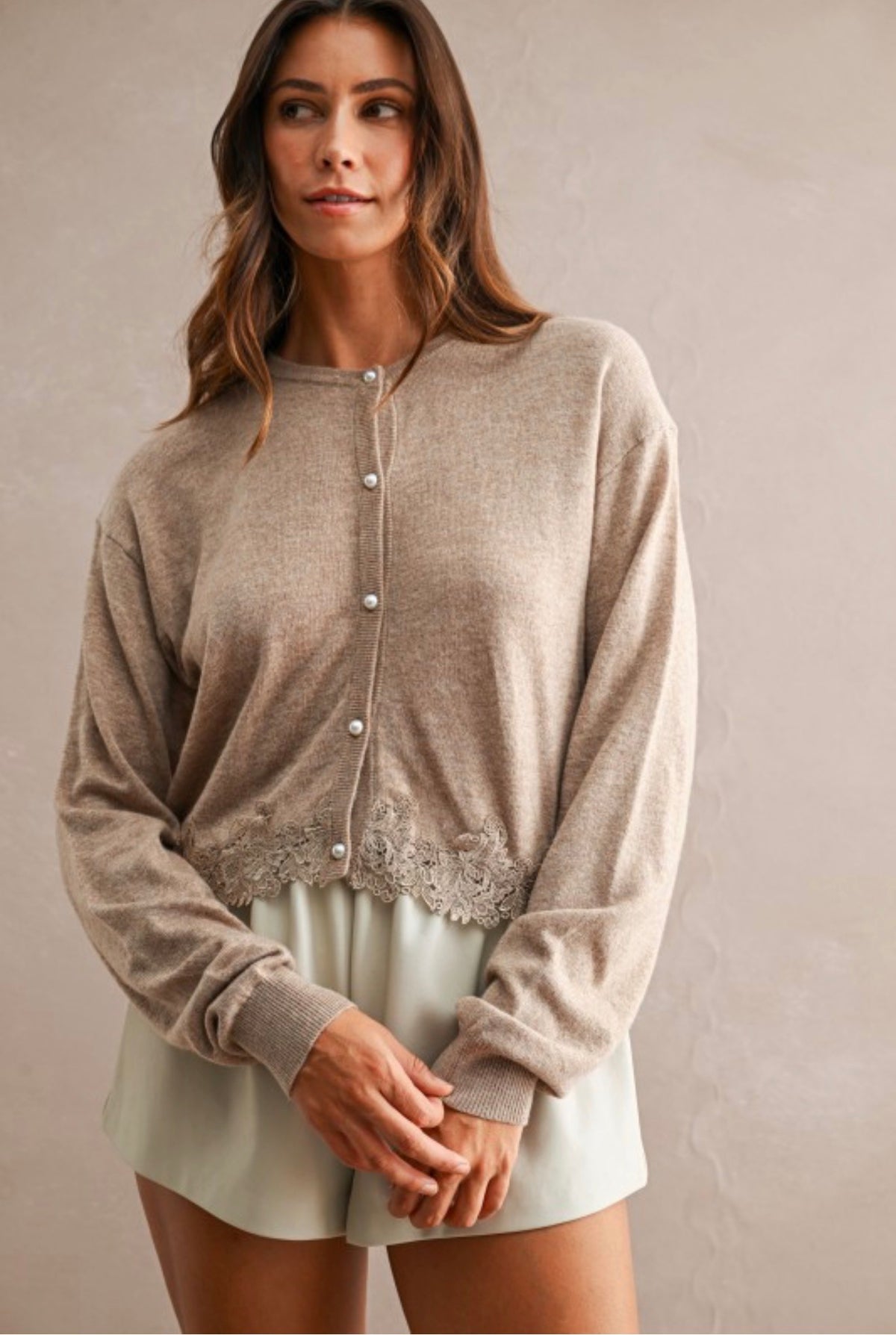 Mocha pearl cardigan with lace trim
