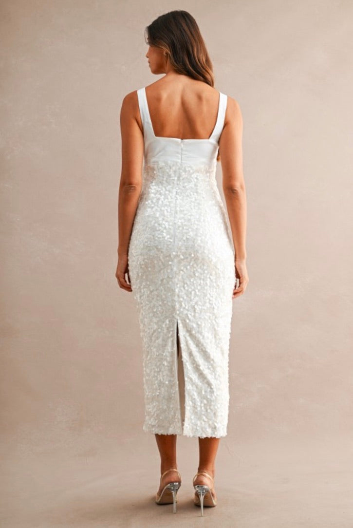 White Bow Sequin Midi Dress