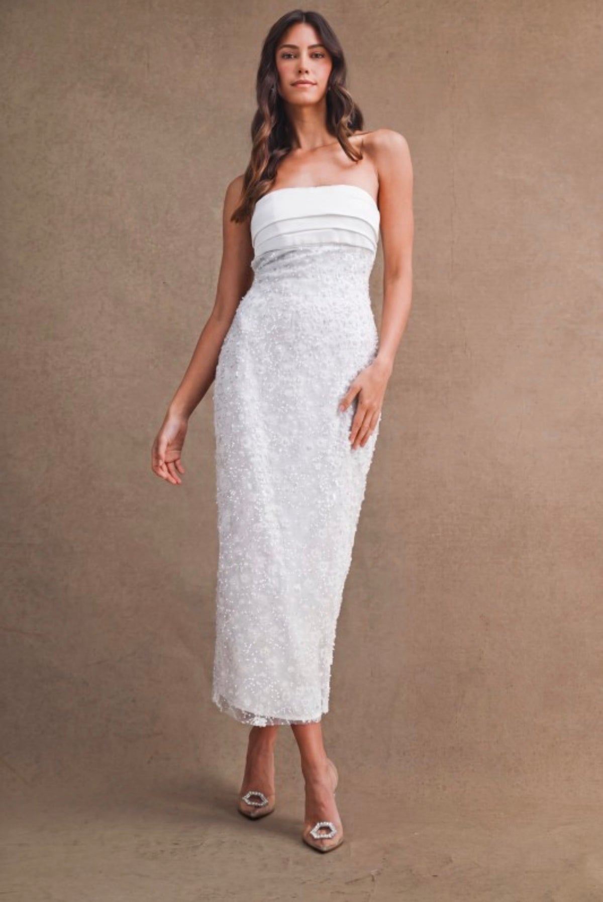 Off White sequin beaded strapless midi