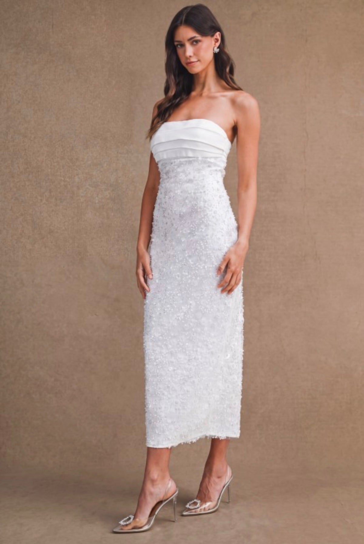 Off White sequin beaded strapless midi