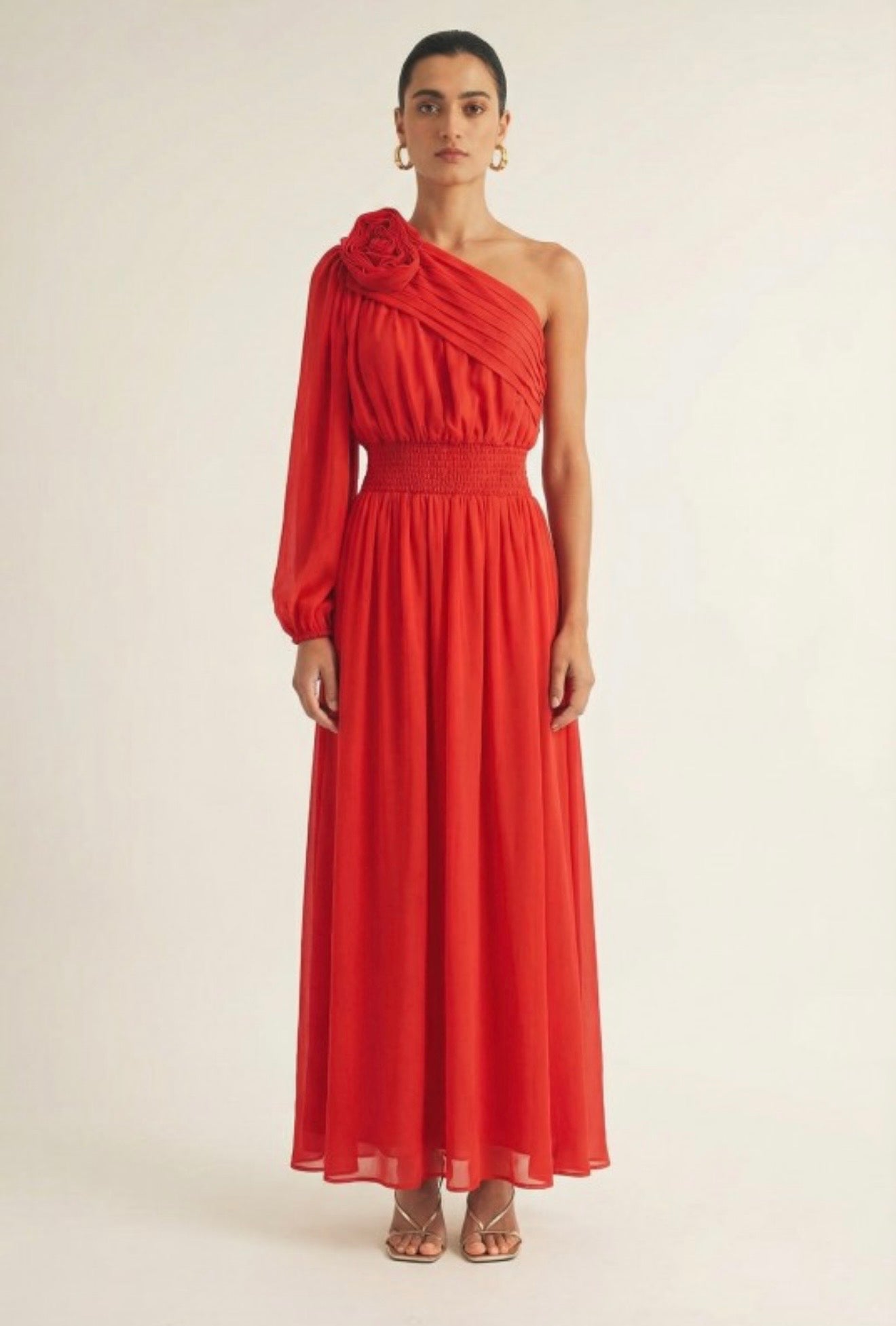 Red one shoulder flower maxi