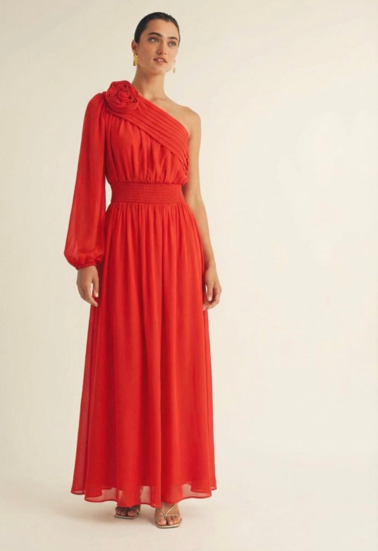 Red one shoulder flower maxi