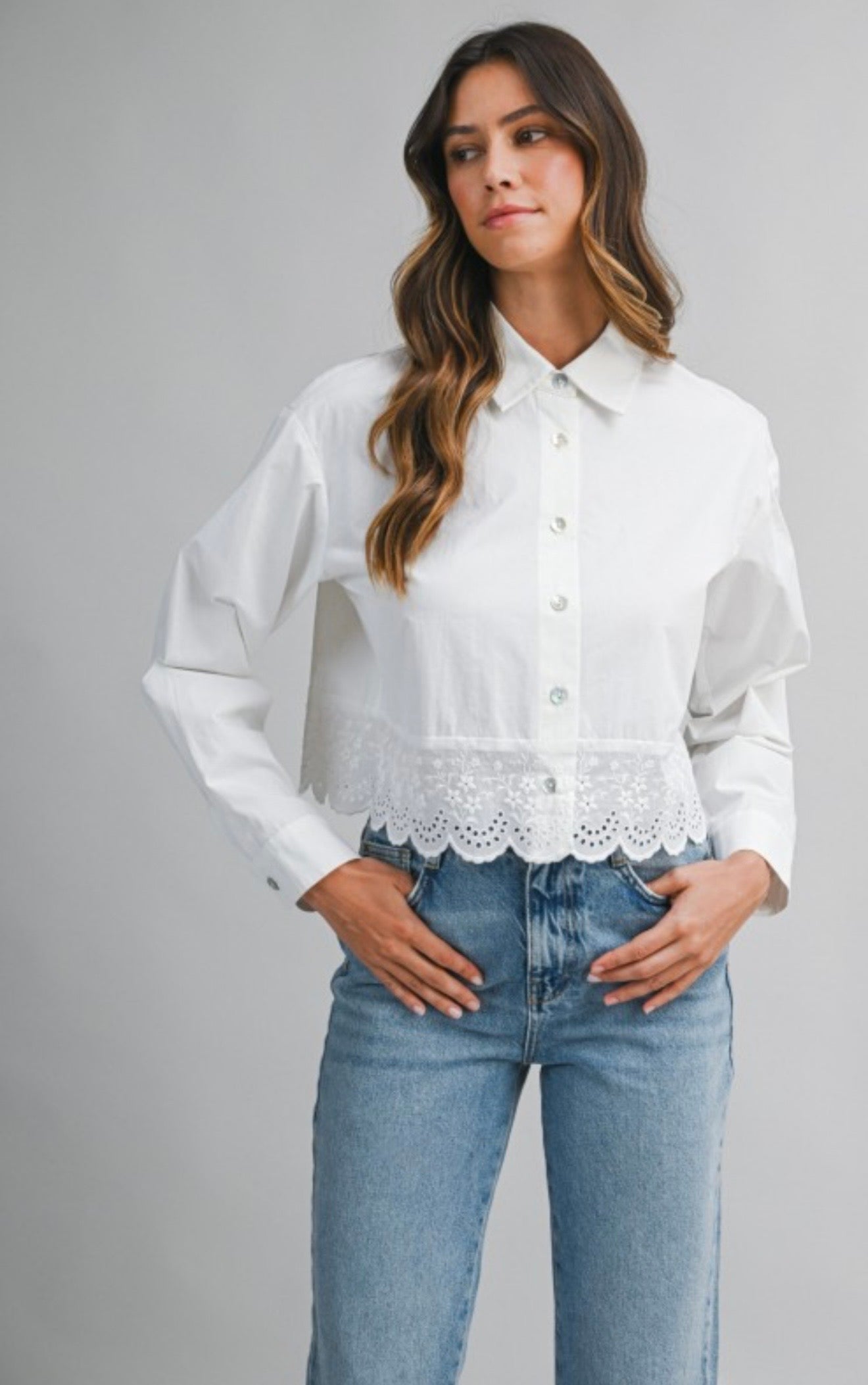 Lace trim white button down