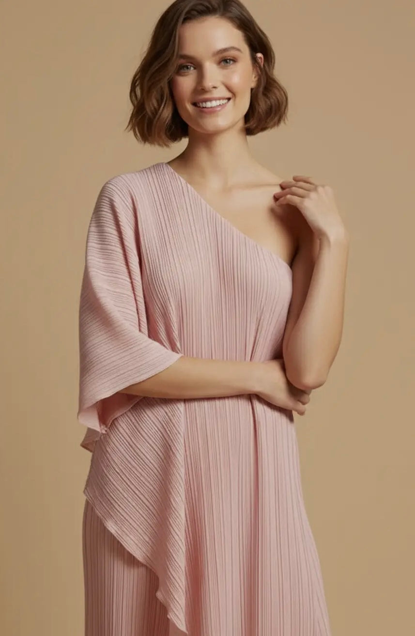 Pink pleated one sholder set